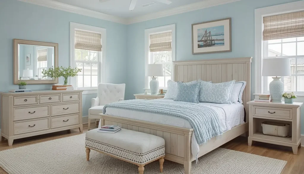 Combine Light Blue With Natural Wood Furniture